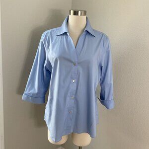 NEW Foxcroft NYC Womens Large Non Iron Stretch Blue Button Up Shirt Blouse Top